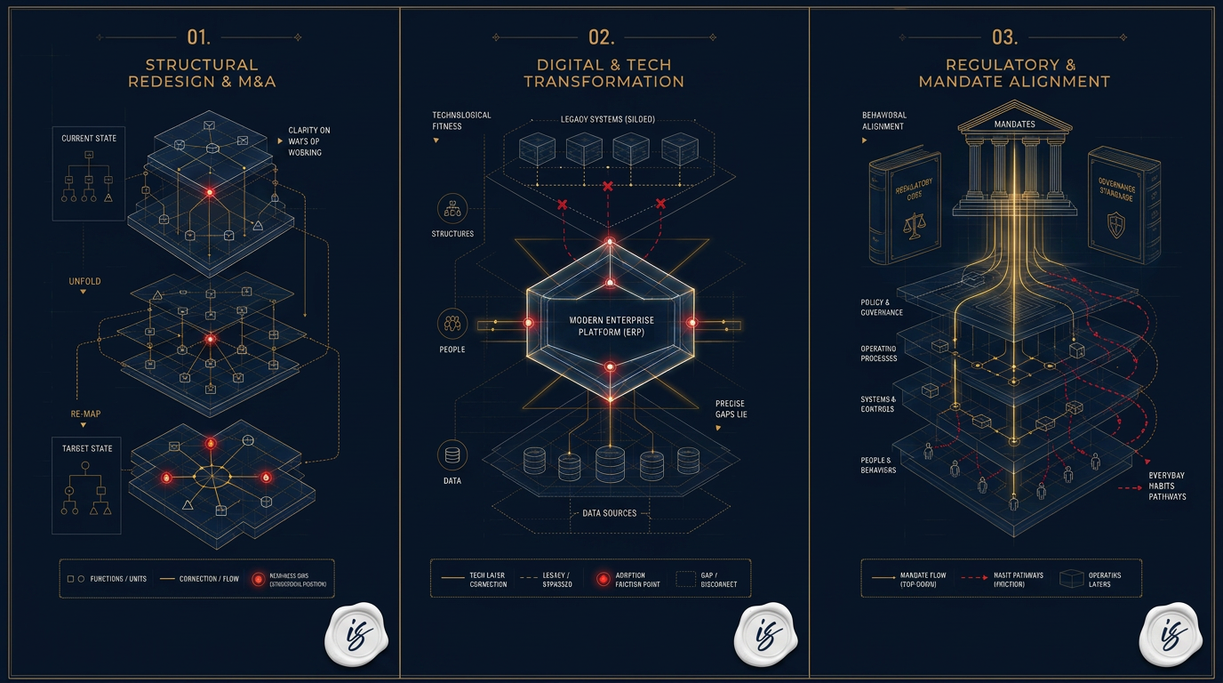 InkedState Business Readiness triggers — Structural Redesign & M&A, Digital & Tech Transformation, Regulatory & Mandate Alignment